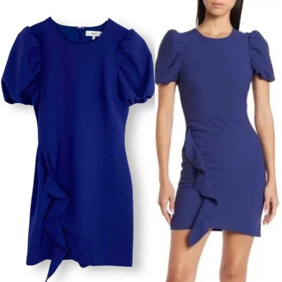Likely Malta Bodycon Mini Dress Blue Asymmetric Ruffle Skirt Puff Sleeves Sz 6 - Picture 1 of 9
